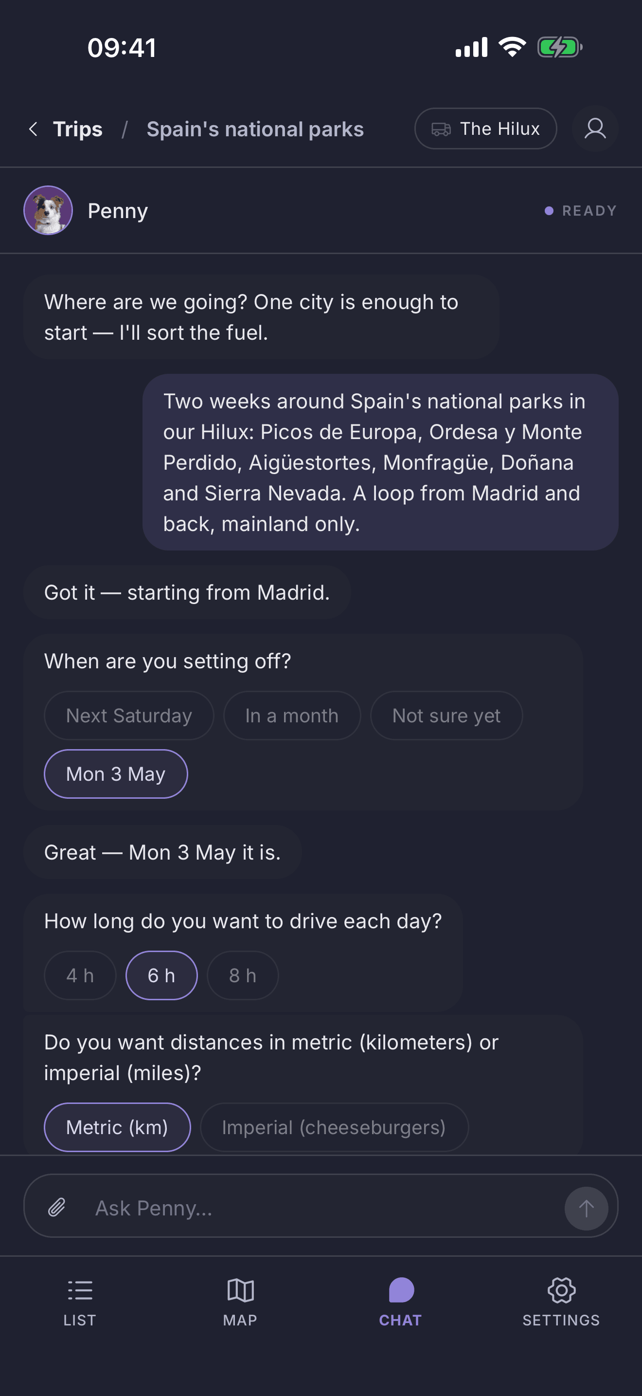 Chat with Penny: two weeks around six national parks, a loop from Madrid, with the start date and driving pace