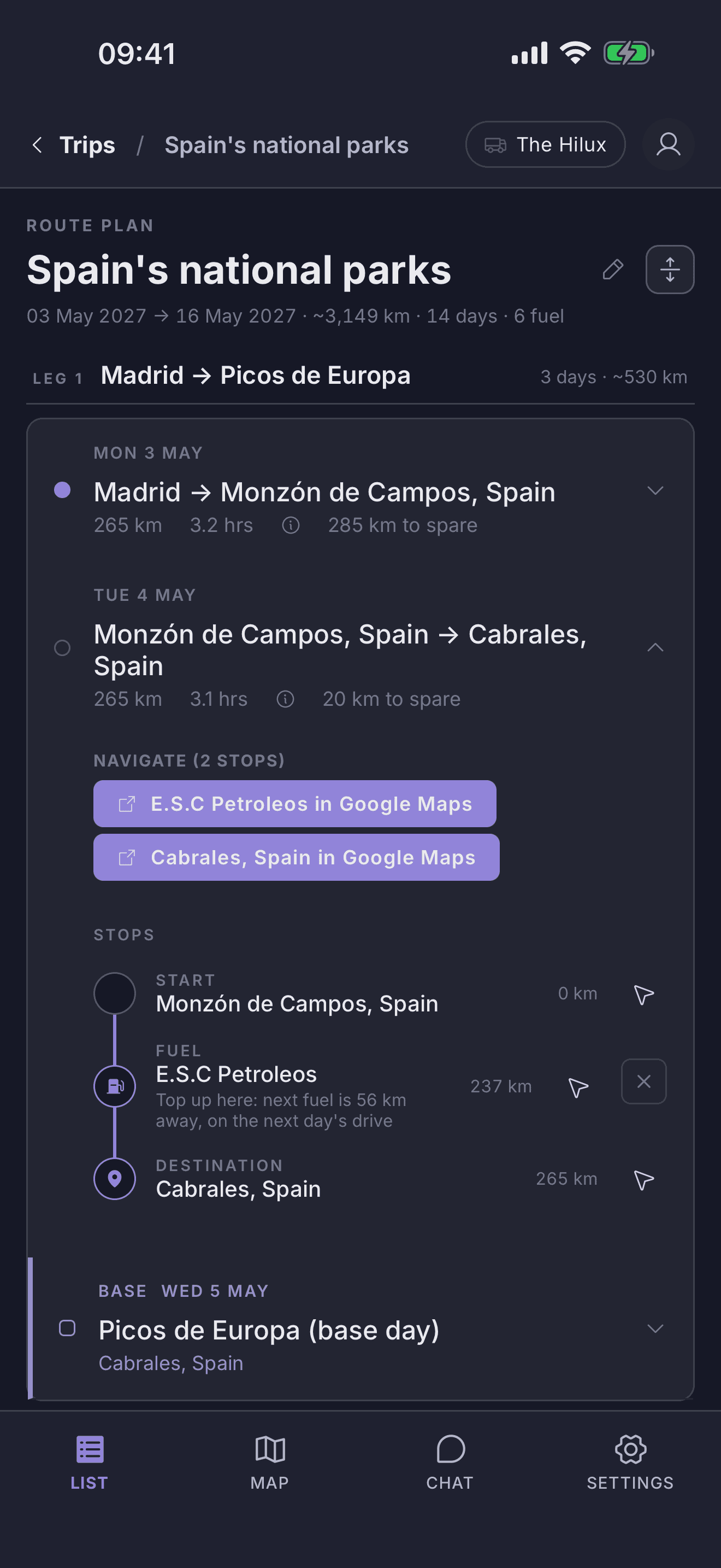 Day 2, Monzón de Campos to Cabrales: Finn adds a fuel stop because the next station is too far into the following day's drive