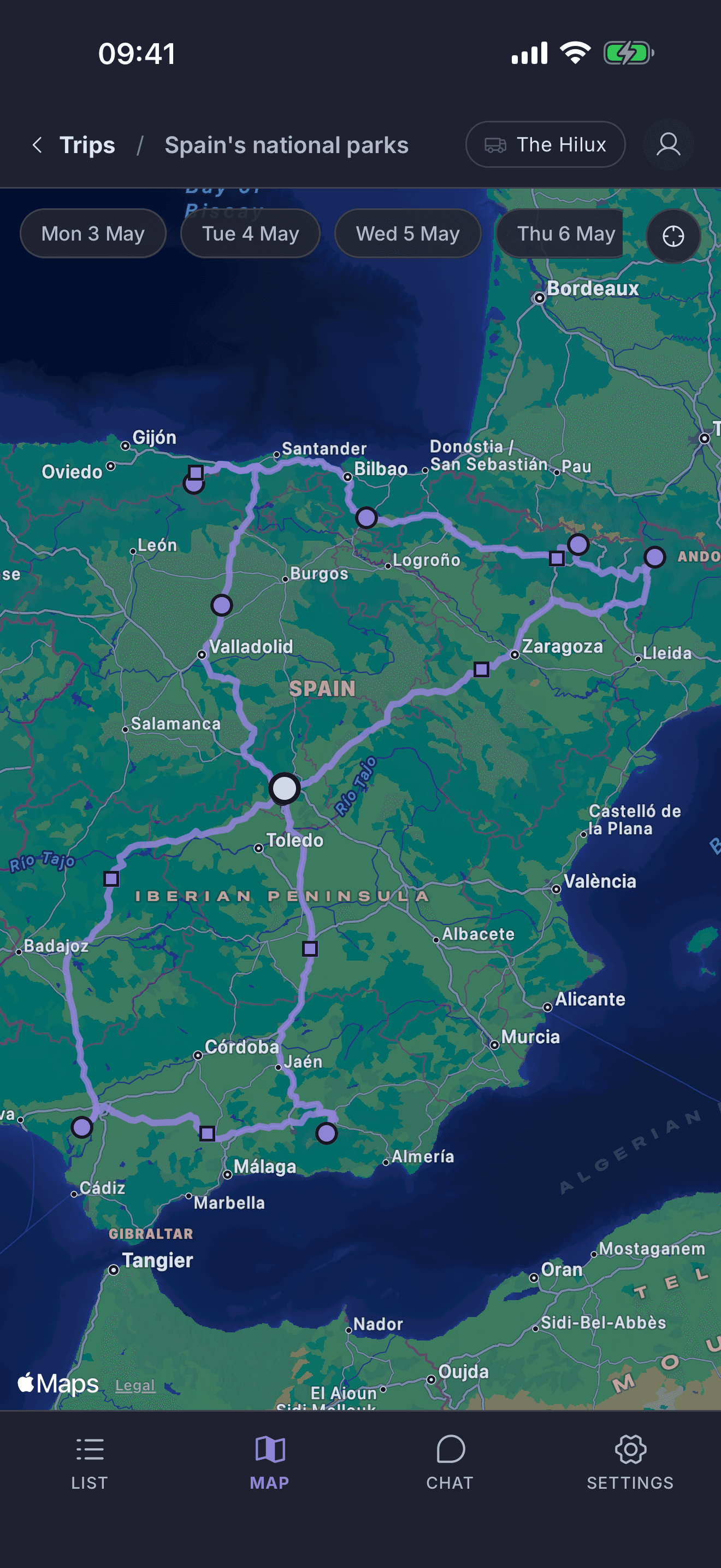 Map of the loop around Spain's national parks, with overnight stops and six fuel stops